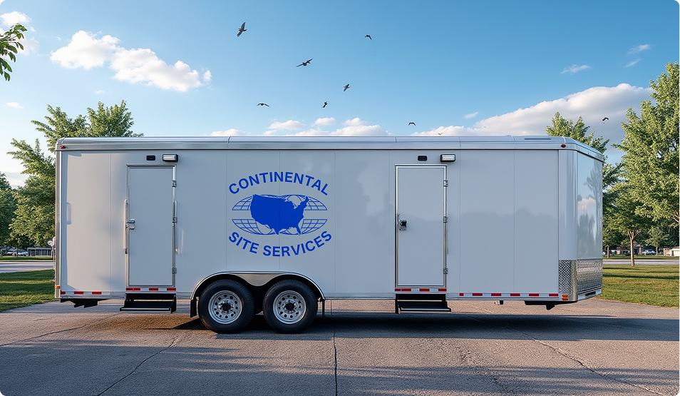 Luxury restroom trailer with Continental Site Services branding